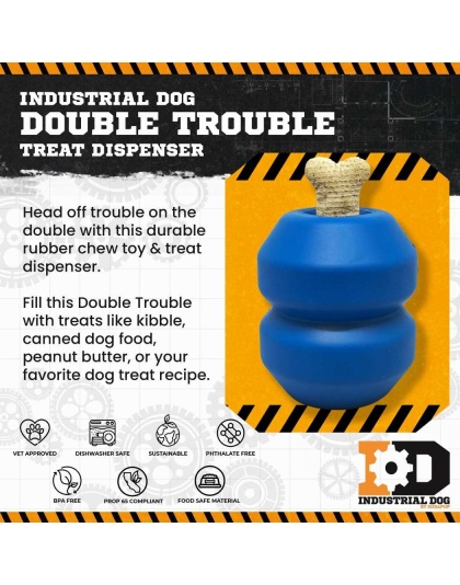 Blue - ID Double Trouble Durable Rubber Chew Toy and Treat Dispenser  - Large