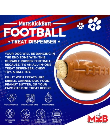 Brown - MKB Football Durable Synthetic Rubber Chew Toy and Treat Dispenser - Medium