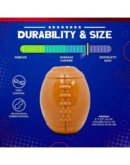 Brown - MKB Football Durable Synthetic Rubber Chew Toy and Treat Dispenser - Medium