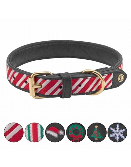 Leather with Candy Cane Embroidery - Halo Dog Collar  - L