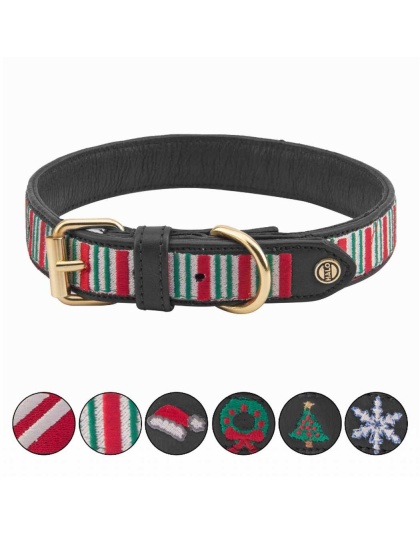 Leather with Christmas Stripes Embroidery - Halo Dog Collar  - L