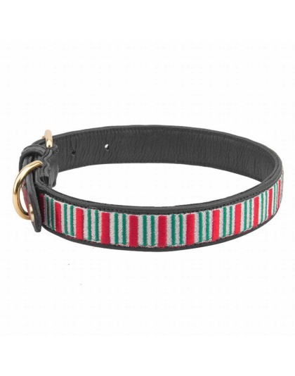 Leather with Christmas Stripes Embroidery - Halo Dog Collar  - L