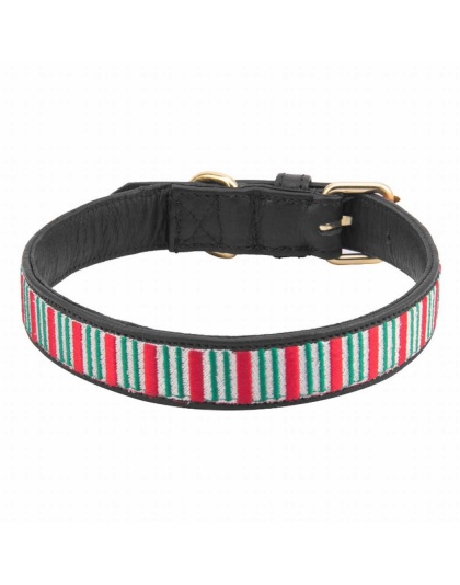 Leather with Christmas Stripes Embroidery - Halo Dog Collar  - L