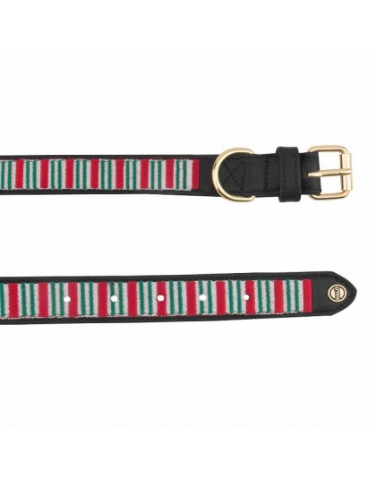 Leather with Christmas Stripes Embroidery - Halo Dog Collar  - L