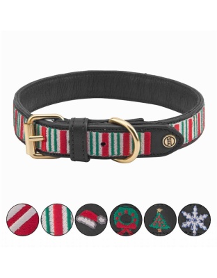 Leather with Christmas Stripes Embroidery - Halo Dog Collar  - S