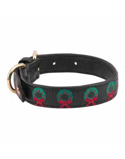 Leather with Christmas Wreath Embroidery - Halo Dog Collar  - L