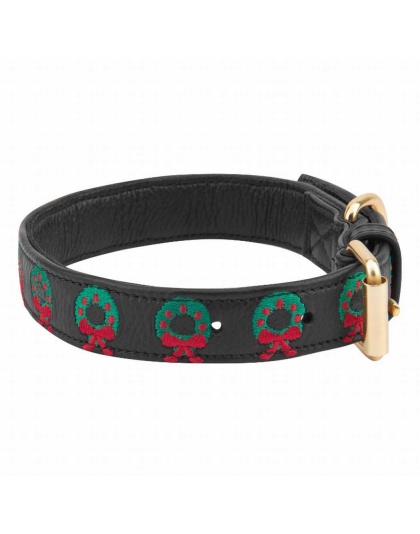 Leather with Christmas Wreath Embroidery - Halo Dog Collar  - L