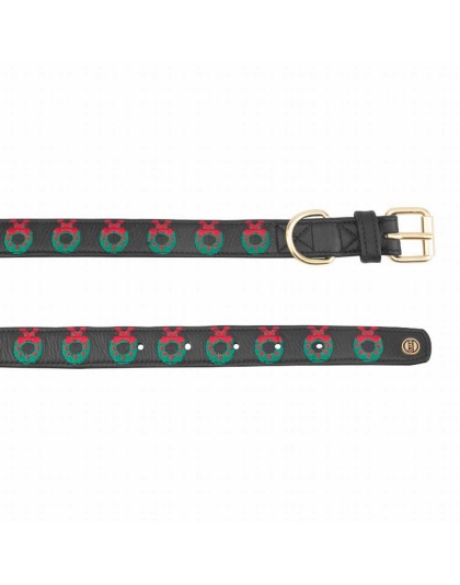 Leather with Christmas Wreath Embroidery - Halo Dog Collar  - L