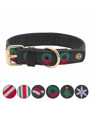 Leather with Christmas Wreath Embroidery - Halo Dog Collar  - S