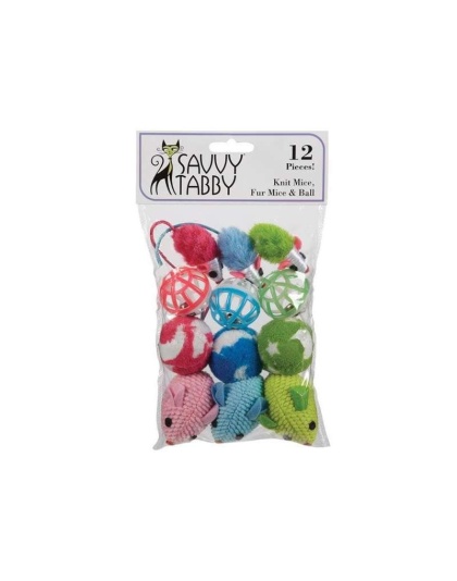 ST Knit Mice Fur Mice & Ball 12Pk