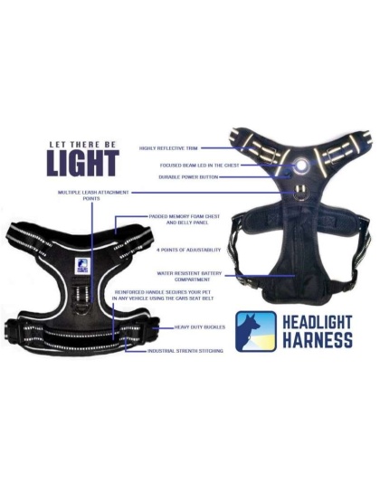 Grey - Headlight Harness, Dog Harness with Built In LED Light - Medium