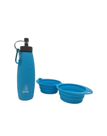 12oz Dual Sided Collapsible Bowl and 20oz Water Bottle - Mr. Peanut's Pet Feeder 2 in 1 Travel Set -