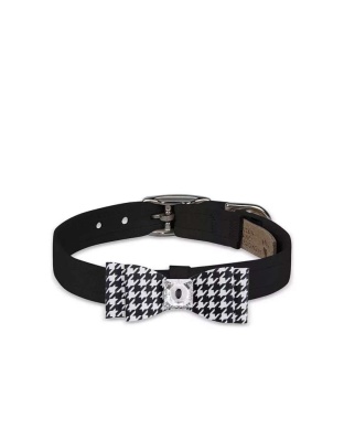 Black/Black & White Houndstooth  - Susan Lanci Designs Black & White Houndstooth Big Bow Collar - Small