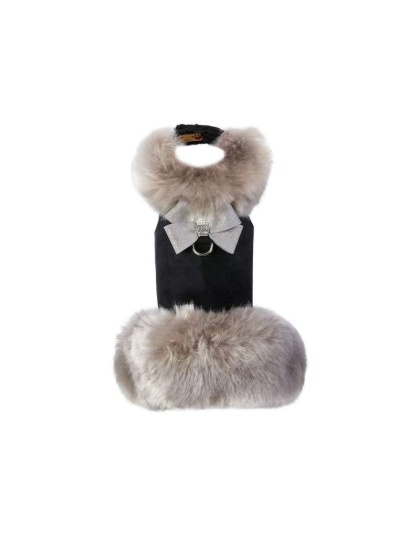 Black - Susan Lanci Designs Platinum Glitzerati Nouveau Bow Silver Fox Faux Fur Coat - Medium