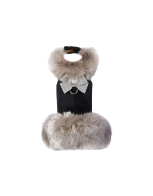 Black - Susan Lanci Designs Platinum Glitzerati Nouveau Bow Silver Fox Faux Fur Coat - Small