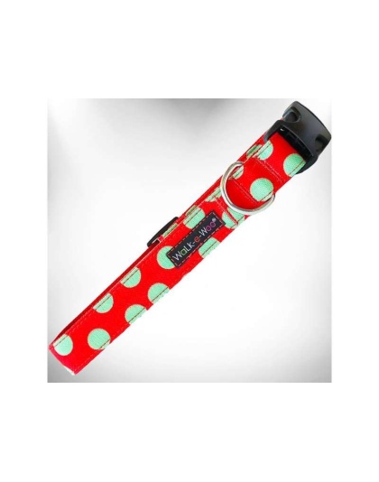 Mint Green Dot on Red - Polka Dot Dog Collars - S 3/4" width fits 10-14" neck