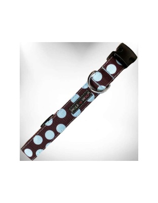 Blue Dot on Brown - Polka Dot Dog Collars - XS 5/8" width fits 8-12" neck