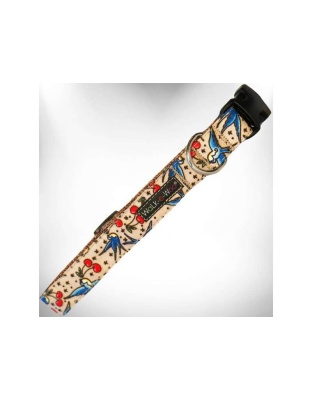 Bluebird & Cherries - Tattoo Dog Collars - XS 5/8" width fits 8-12" neck