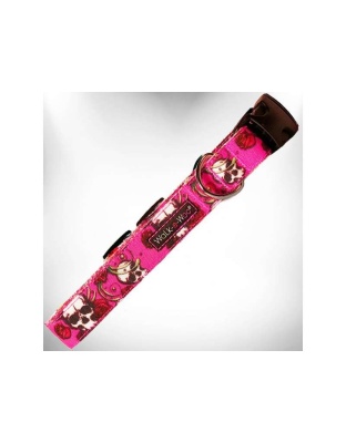 Pink Skulls n' Roses - Tattoo Dog Collars - XS 5/8" width fits 8-12" neck