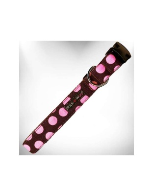 Pink Dot on Brown - Polka Dot Dog Collars - M 1" width fits 12-18" neck