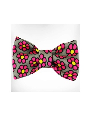 Pink Daisies on Grey - Flower Dog Bow Tie