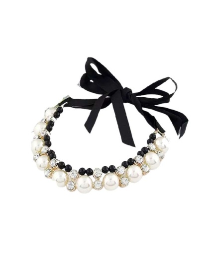 Black - Lovely Pearl Ribbon Necklace - Small