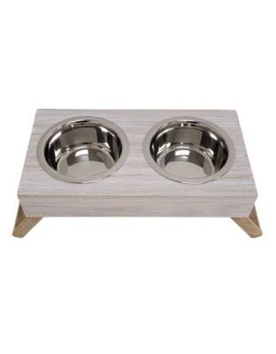 Distressed White - Eco-Friendly Elevated Dog Wood Feeder  - Medium