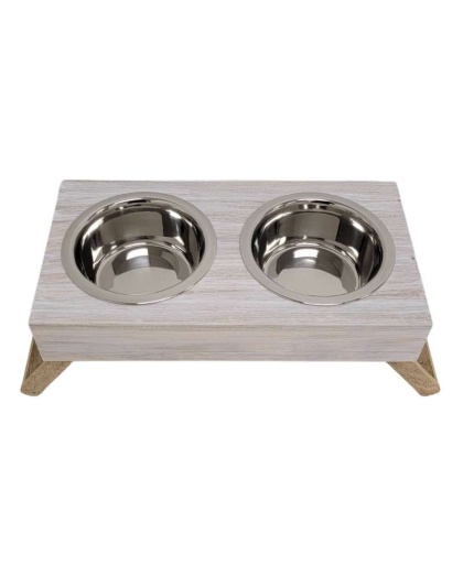 Distressed White - Eco-Friendly Elevated Dog Wood Feeder  - Medium