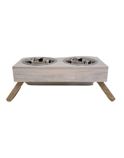Distressed White - Eco-Friendly Elevated Dog Wood Feeder  - Small