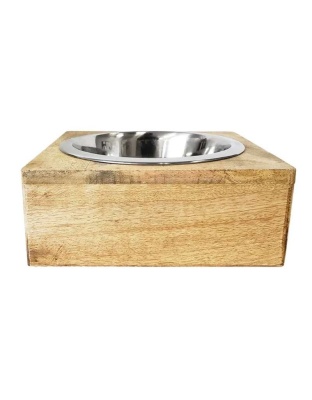 Stainless Steel Dog Bowl with Square Mango Wood Holder