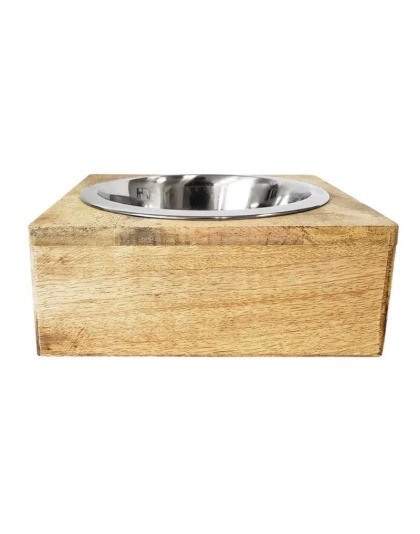 Stainless Steel Dog Bowl with Square Mango Wood Holder