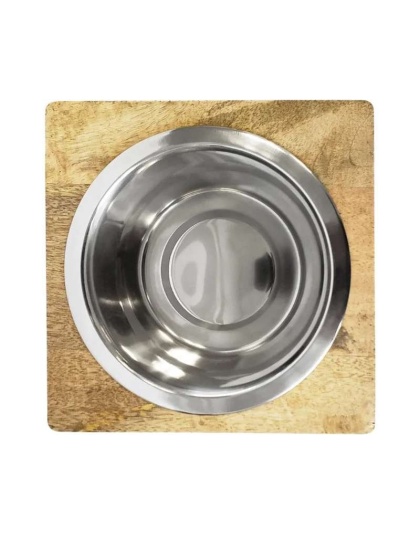 Stainless Steel Dog Bowl with Square Mango Wood Holder