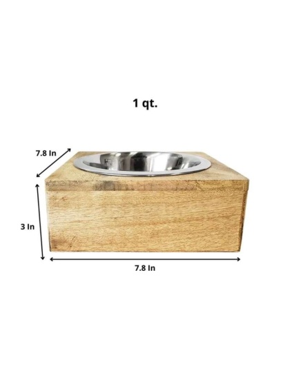 Stainless Steel Dog Bowl with Square Mango Wood Holder