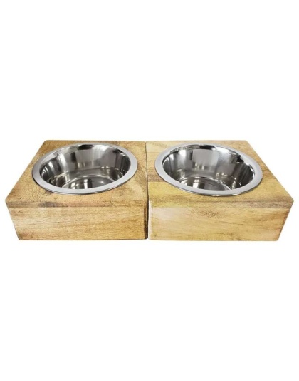 Stainless Steel Dog Bowl with Square Mango Wood Holder