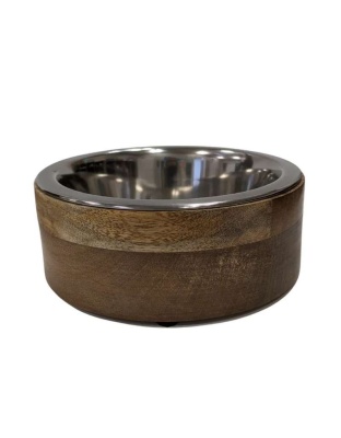 Stainless Steel Dog Bowl with Cylindrical Mango Wood Holder - 2 Quarts