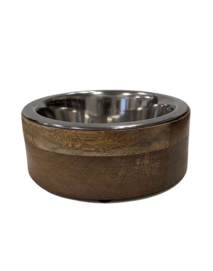 Stainless Steel Dog Bowl with Cylindrical Mango Wood Holder - 2 Quarts