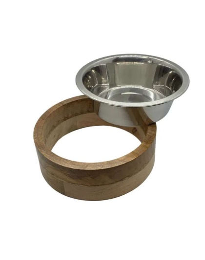 Stainless Steel Dog Bowl with Cylindrical Mango Wood Holder - 2 Quarts