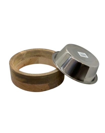Stainless Steel Dog Bowl with Cylindrical Mango Wood Holder - 2 Quarts