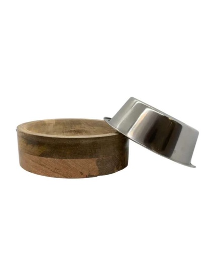 Stainless Steel Dog Bowl with Cylindrical Mango Wood Holder - 2 Quarts