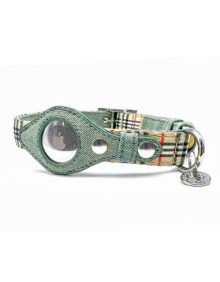 Beige Plaid & Denim - Apple Airtag Collar - Medium
