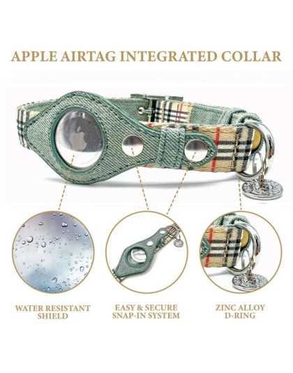 Beige Plaid & Denim - Apple Airtag Collar - Small