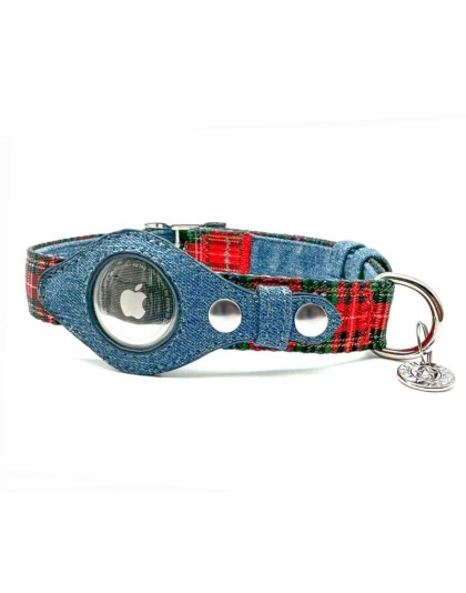 Red Plaid & Denim - Apple Airtag Collar - Small