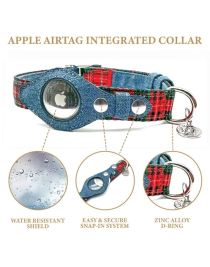 Red Plaid & Denim - Apple Airtag Collar - Medium