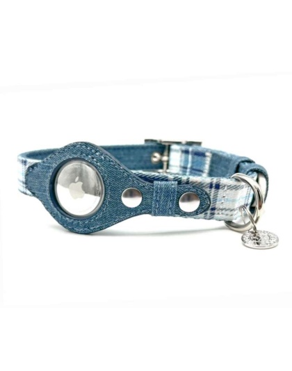 Blue Plaid & Denim - Apple Airtag Collar - Small