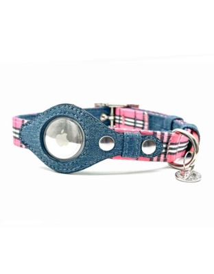 Pink Plaid & Denim - Apple Airtag Collar - Large