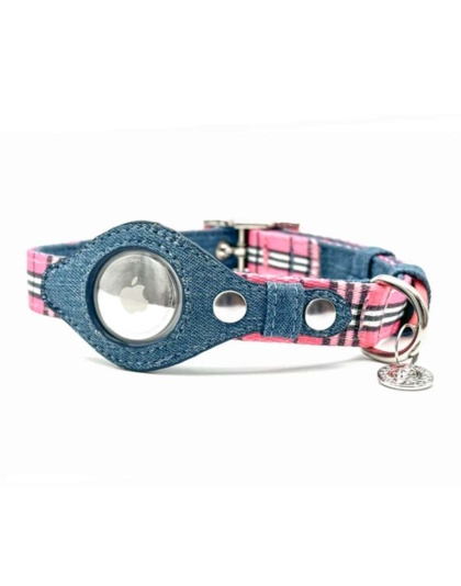 Pink Plaid & Denim - Apple Airtag Collar - Medium
