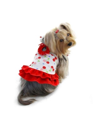 Red/White - Soft Knit Cotton Cherries Dress w/Shoulder Ties - XS