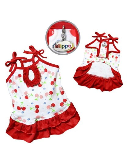 Red/White - Soft Knit Cotton Cherries Dress w/Shoulder Ties - S
