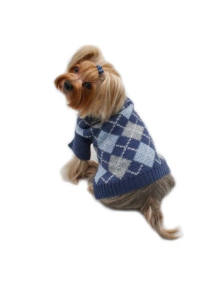 Blue - Argyle Turtleneck Sweater in Navy/Grey/Light Blue - L