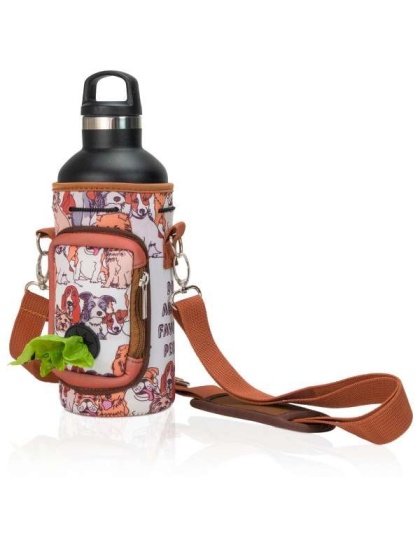 Brown Dog Lover - Made Easy Kit Water Bottle Carrier w/Pocket for Dog Poop Bag - 40oz Tall & Large